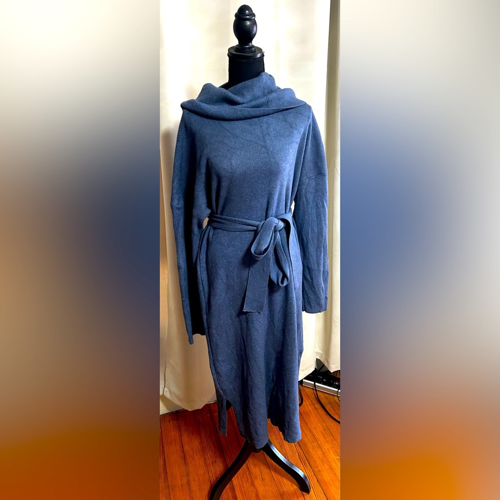 Blue cowl neck sweater dress
